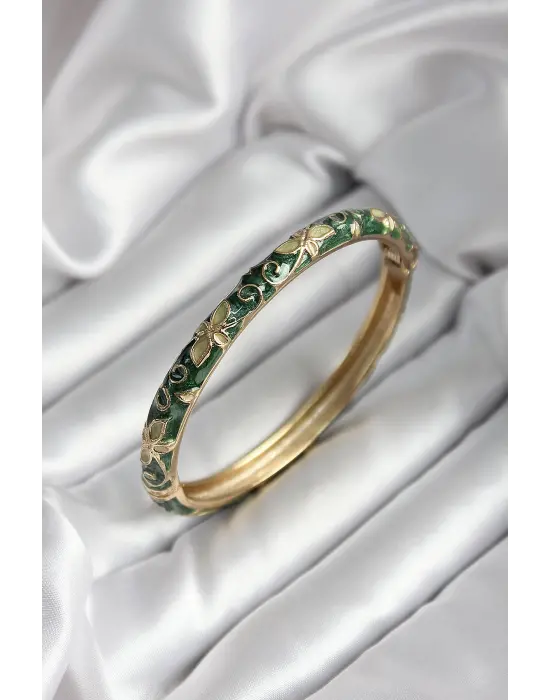 Mineli Pirinç Yeşil Çiçek Desenli Gold Renk Kadın Kelepçe (çap 60 mm)