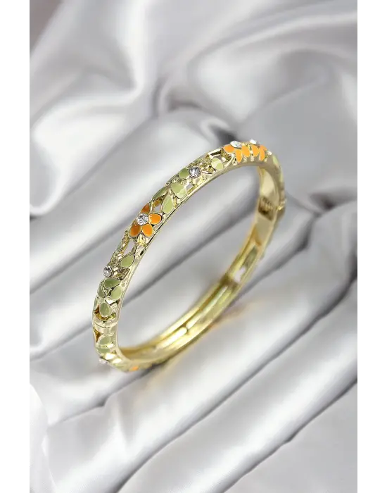 Mineli Pirinç Yeşil Çiçek Desenli Zirkon Taşlı Gold Renk Kadın Kelepçe