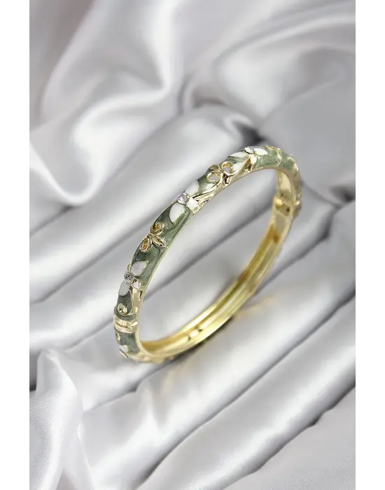 Mineli Pirinç Yeşil Çiçek Desenli Zirkon Taşlı Gold Renk Kadın Kelepçe (çap 60 mm)