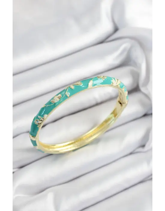 Mineli Çelik Yeşil Çiçek Motifli Gold Renk Kadın Kelepçe