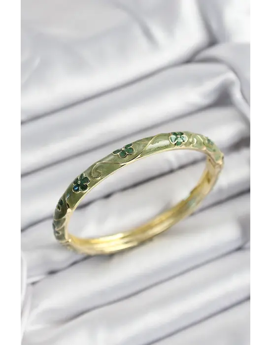 Mineli Çelik Yeşil Çiçek Motifli Gold Renk Kadın Kelepçe