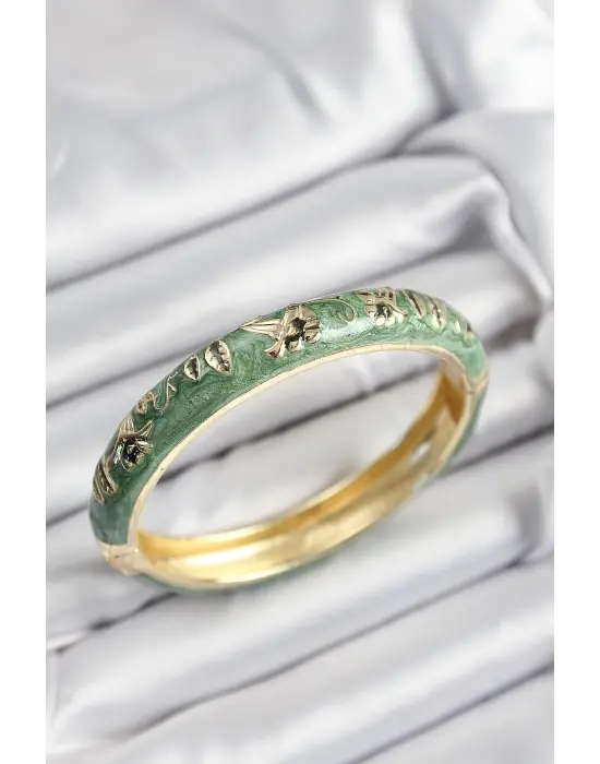 Mineli Çelik Yeşil Çiçek Motifli Gold Renk Kadın Kelepçe