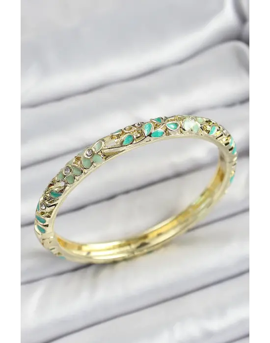 Mineli Çelik Yeşil Çiçek Motifli Kadın Kelepçe