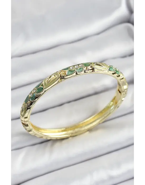 Mineli Çelik Yeşil Çiçek Motifli Kadın Kelepçe