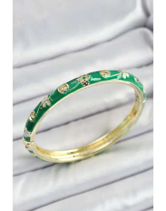 Mineli Çelik Yeşil Renk Motif Desenli Kadın Kelepçe