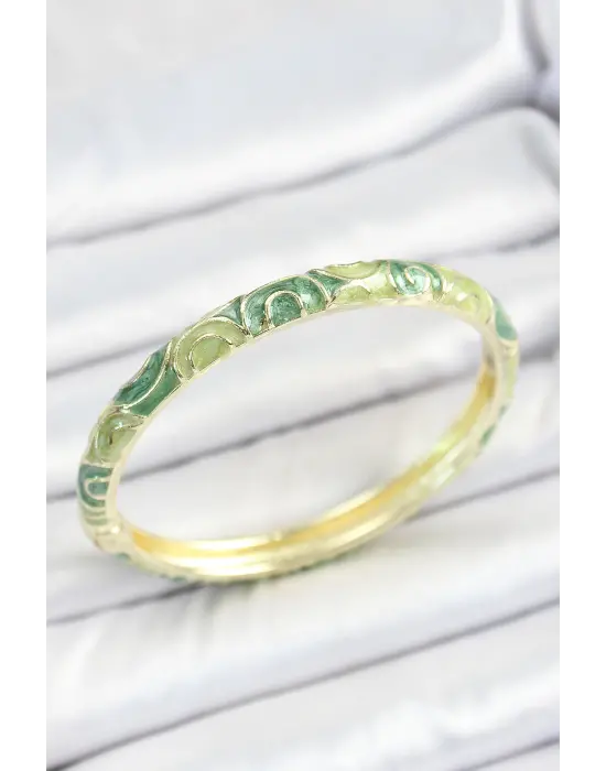 Mineli Pirinç Yeşil Sarmal Desenli Gold Renk Kadın Kelepçe