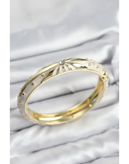 Mineli Pirinç Zirkon Taşlı Bej Desen Motifli Gold Kadın Kelepçe