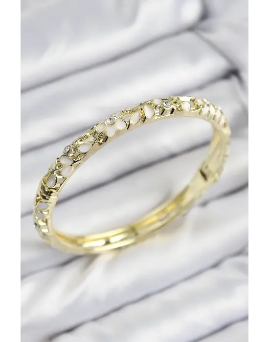 Mineli Çelik Zirkon Taşlı Beyaz Çiçek Motifli Gold Kadın Kelepçe