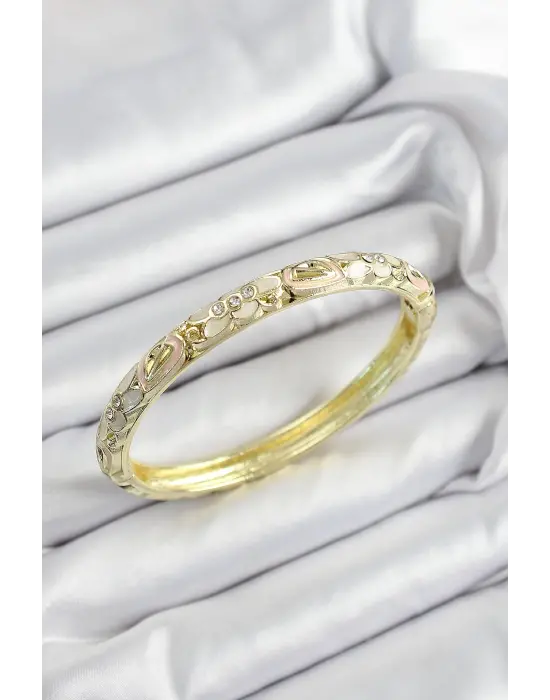 Mineli Pirinç Zirkon Taşlı Beyaz Pembe Çiçek Motifli Gold Renk Kadın Kelepçe