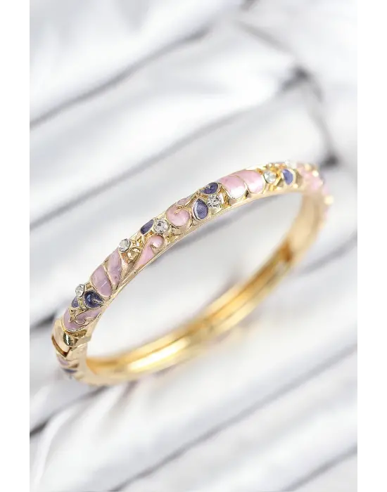 Mineli Pirinç Zirkon Taşlı Fuşya Mor Çiçek Motifli Gold Kadın Kelepçe