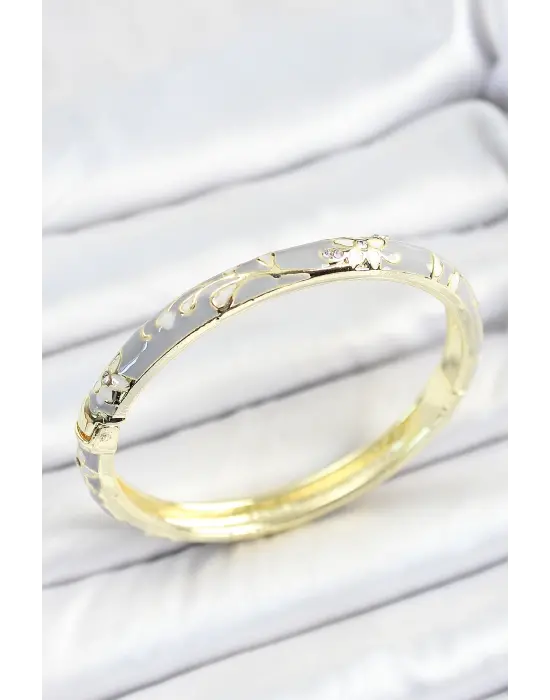 Mineli Pirinç Zirkon Taşlı Gri Çiçek Desenli Gold Renk Kadın Kelepçe