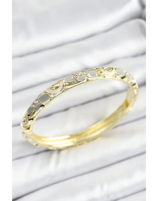 Mineli Pirinç Zirkon Taşlı Gri Çiçek Desenli Gold Renk Kadın Kelepçe