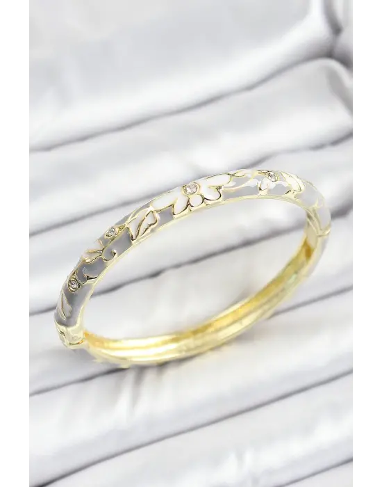 Mineli Pirinç Zirkon Taşlı Gri Çiçek Desenli Gold Renk Kadın Kelepçe