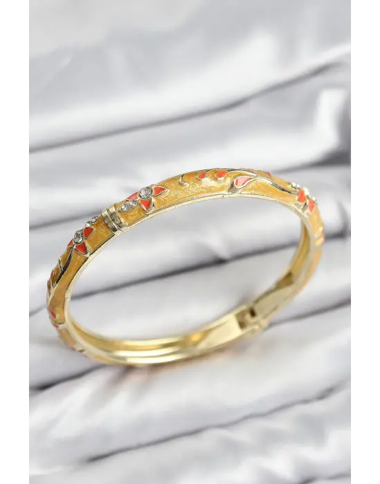 Mineli Çelik Zirkon Taşlı Hardal Çiçek Motifli Gold Kadın Kelepçe