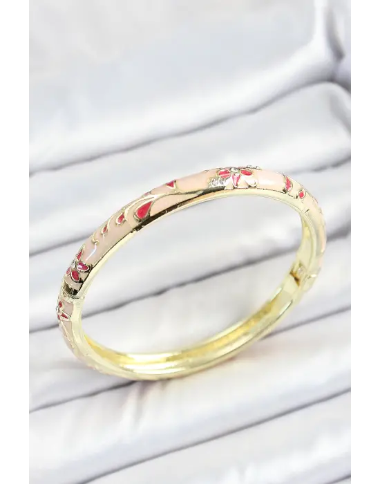 Mineli Pirinç Zirkon Taşlı Kırmızı Çiçek Desenli Gold Renk Kadın Kelepçe
