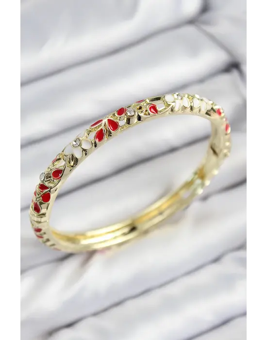 Mineli Çelik Zirkon Taşlı Kırmızı Çiçek Motifli Gold Kadın Kelepçe