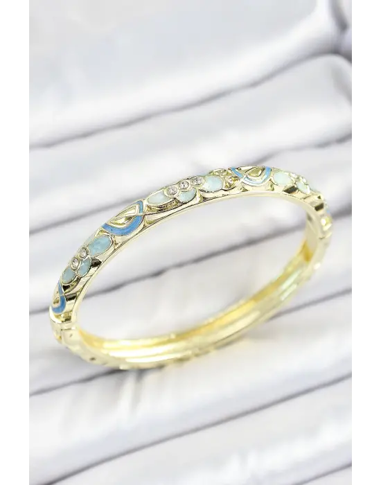 Mineli Pirinç Zirkon Taşlı Mavi Çiçek Desenli Gold Renk Kadın Kelepçe