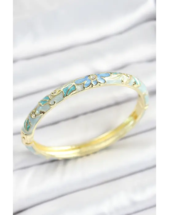 Mineli Pirinç Zirkon Taşlı Mavi Çiçek Desenli Gold Renk Kadın Kelepçe