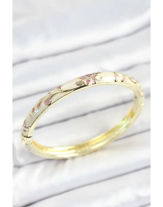 Mineli Pirinç Zirkon Taşlı Pembe Çiçek Desenli Gold Renk Kadın Kelepçe