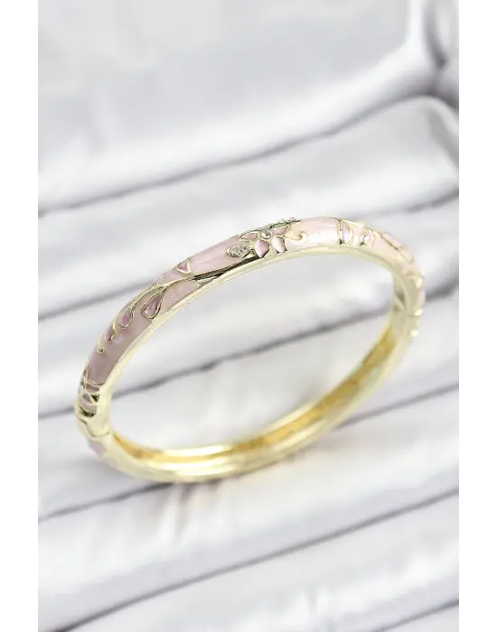 Mineli Pirinç Zirkon Taşlı Pembe Çiçek Desenli Gold Renk Kadın Kelepçe
