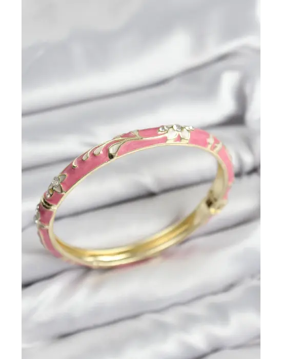Mineli Çelik Zirkon Taşlı Pembe Çiçek Motifli Gold Kadın Kelepçe