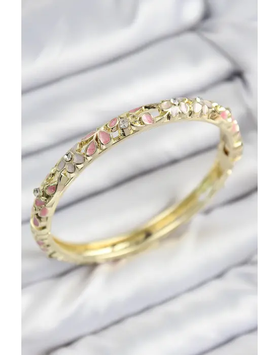 Mineli Çelik Zirkon Taşlı Pembe Çiçek Motifli Gold Kadın Kelepçe