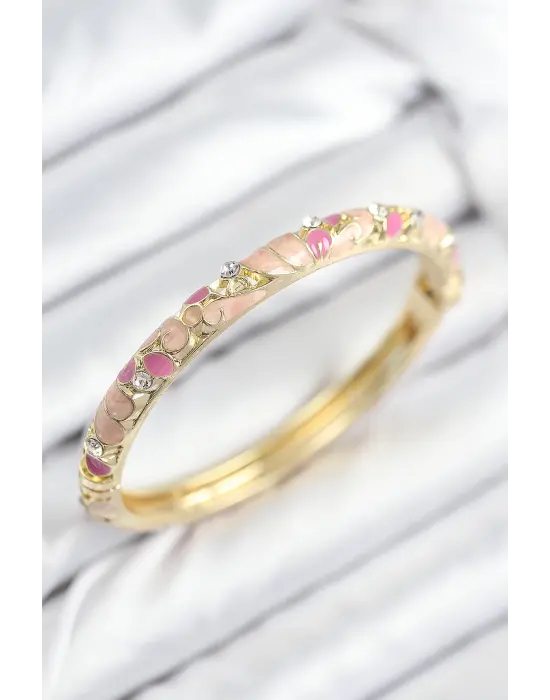 Mineli Pirinç Zirkon Taşlı Pembe Çiçek Motifli Gold Kadın Kelepçe