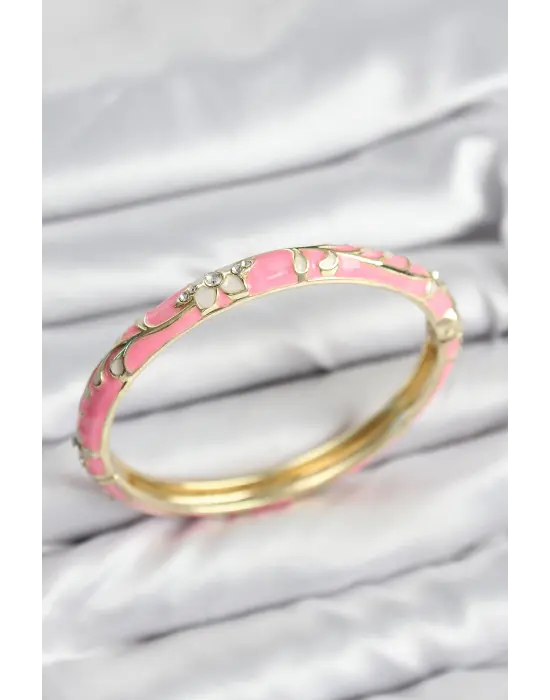 Mineli Çelik Zirkon Taşlı Pembe Çiçek Motifli Gold Kadın Kelepçe