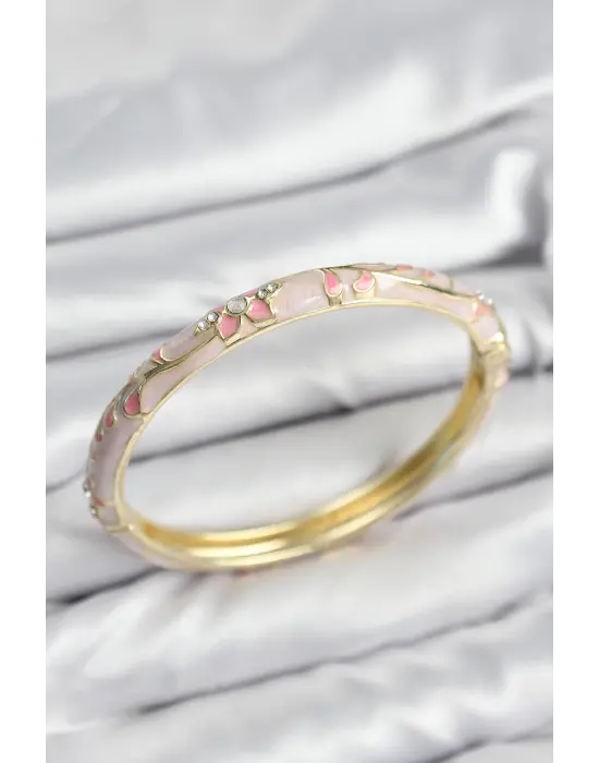 Mineli Çelik Zirkon Taşlı Pembe Çiçek Motifli Gold Kadın Kelepçe