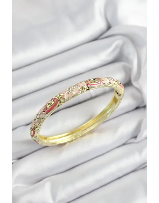 Mineli Pirinç Zirkon Taşlı Pembe Çiçek Motifli Gold Renk Kadın Kelepçe