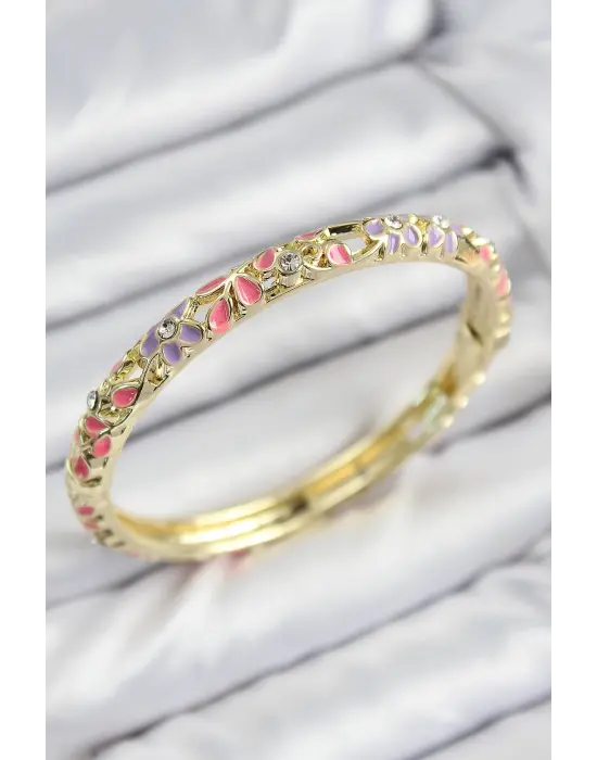 Mineli Pirinç Zirkon Taşlı Pembe Mor Çiçek Motifli Gold Kadın Kelepçe