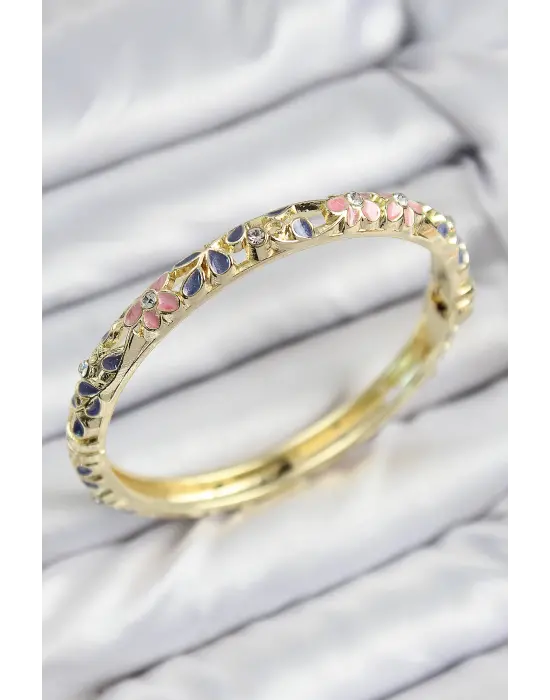 Mineli Çelik Zirkon Taşlı Pembe Mor Çiçek Motifli Gold Kadın Kelepçe