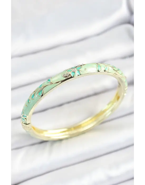 Mineli Pirinç Zirkon Taşlı Su Yeşili Çiçek Desenli Gold Renk Kadın Kelepçe