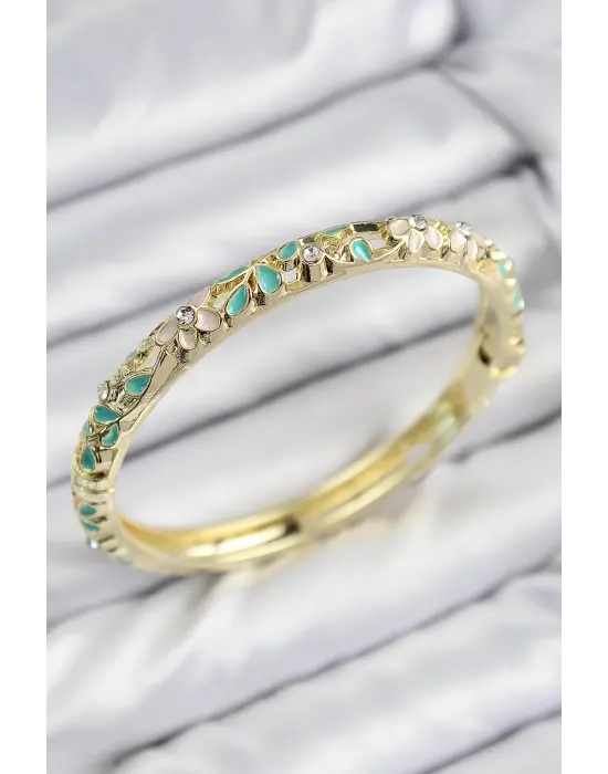 Mineli Pirinç Zirkon Taşlı Turkuaz Çiçek Motifli Gold Kadın Kelepçe