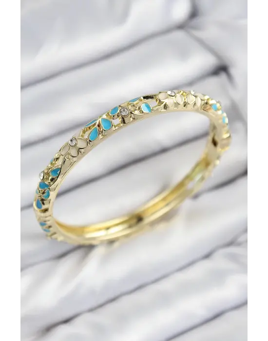 Mineli Çelik Zirkon Taşlı Turkuaz Krem Çiçek Motifli Gold Kadın Kelepçe