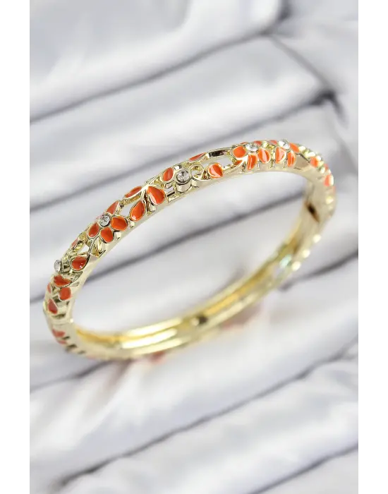 Mineli Pirinç Zirkon Taşlı Turuncu Çiçek Motifli Gold Kadın Kelepçe