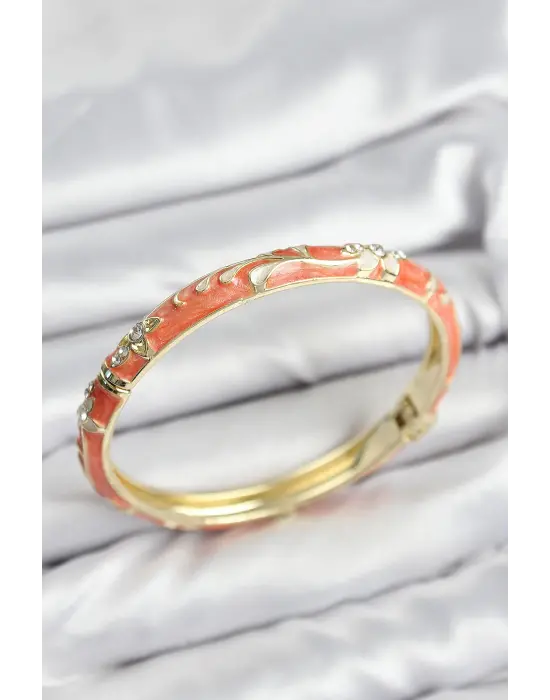 Mineli Çelik Zirkon Taşlı Turuncu Çiçek Motifli Gold Kadın Kelepçe