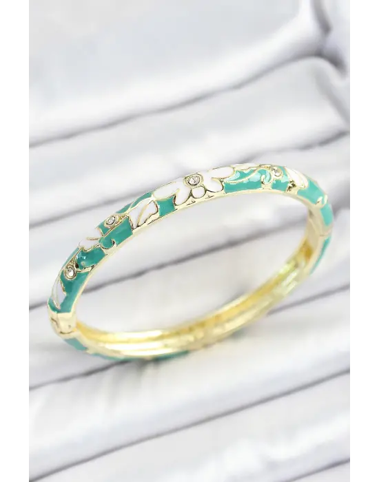 Mineli Pirinç Zirkon Taşlı Yeşil Beyaz Çiçek Desenli Gold Renk Kadın Kelepçe