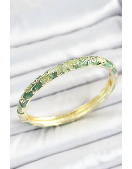 Mineli Pirinç Zirkon Taşlı Yeşil Çiçek Desenli Gold Renk Kadın Kelepçe