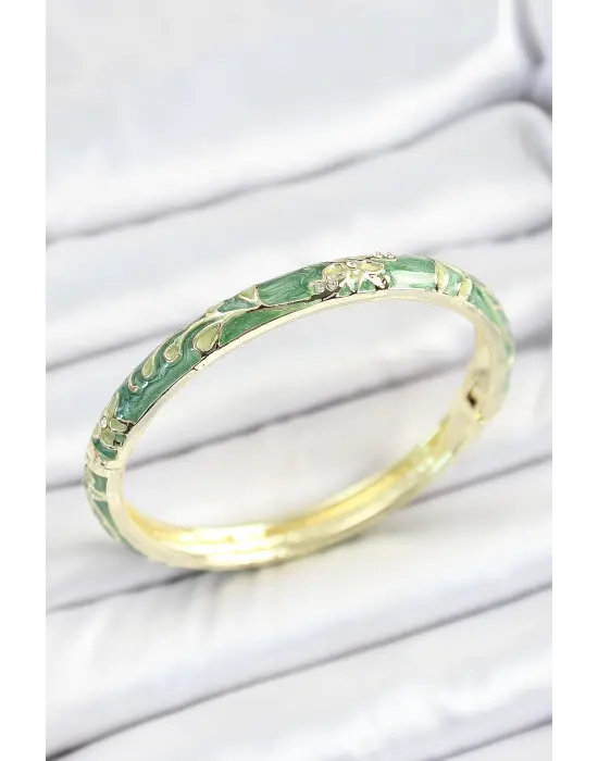 Mineli Pirinç Zirkon Taşlı Yeşil Çiçek Desenli Gold Renk Kadın Kelepçe