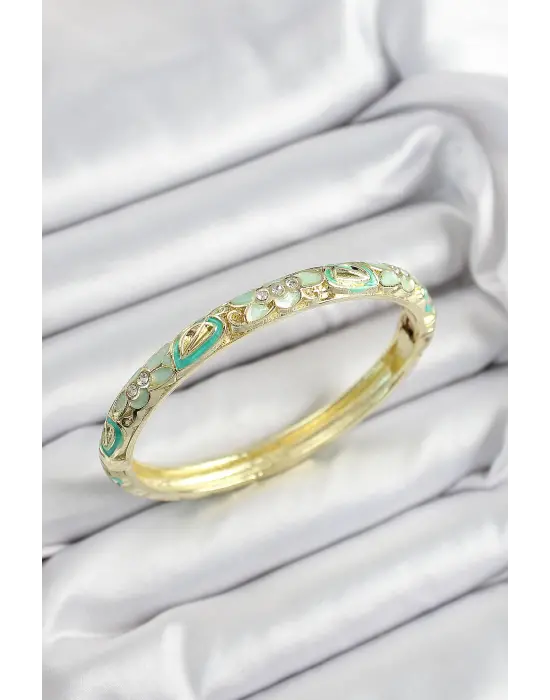 Mineli Pirinç Zirkon Taşlı Yeşil Çiçek Motifli Gold Renk Kadın Kelepçe