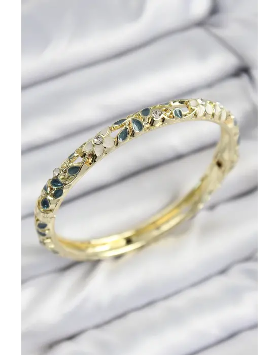 Mineli Çelik Zirkon Taşlı Yeşil Krem Çiçek Motifli Gold Kadın Kelepçe