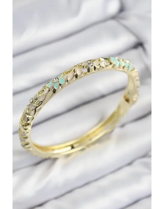 Mineli Çelik Zirkon Taşlı Yeşil Krem Çiçek Motifli Gold Kadın Kelepçe