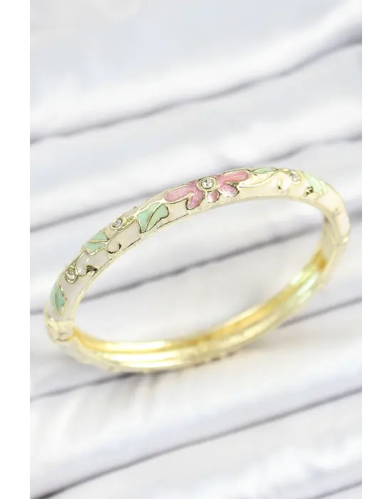 Mineli Pirinç Zirkon Taşlı Yeşil Pembe Çiçek Desenli Gold Renk Kadın Kelepçe