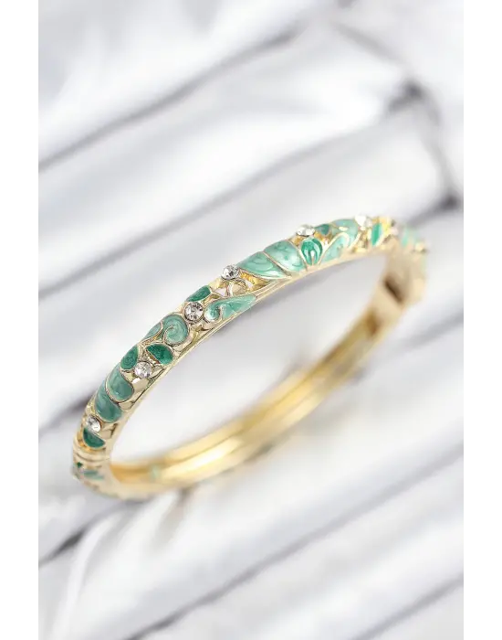 Mineli Pirinç Zirkon Taşlı Zümrüt Yeşili Çiçek Motifli Gold Kadın Kelepçe