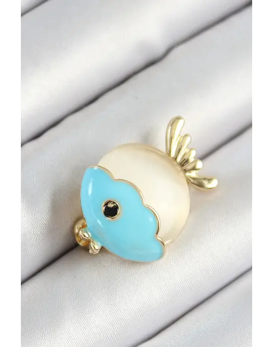 Mineli Turkuaz Ve Krem Balık Figürlü Gold Renk Kadın Broş