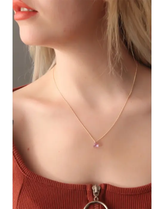 Minimal Lila Kristal Taşlı Kolye
