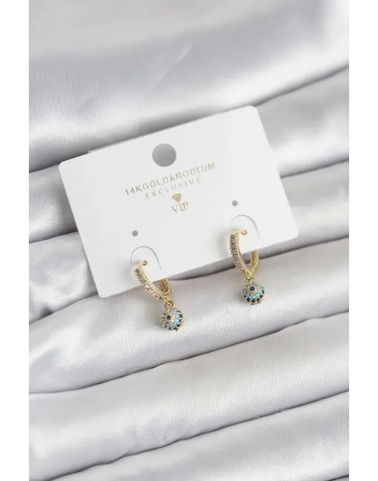 Minimal Nazarlı Model Gold Renk Zirkon Taşlı Kadın Küpe