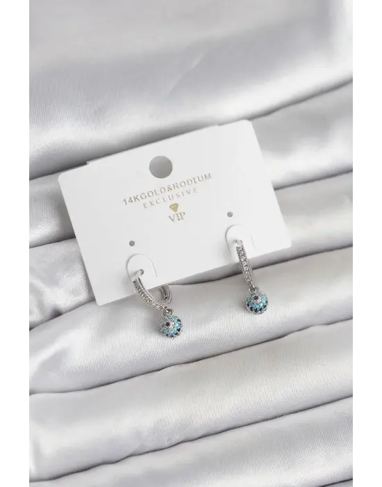 Minimal Nazarlı Model Gümüş Renk Zirkon Taşlı Kadın Küpe