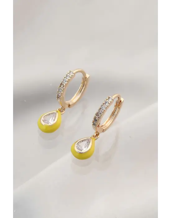 Minimal Taşlı Sarı Damla Model Küpe